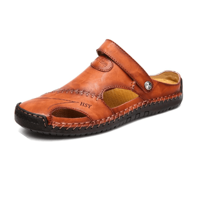 Sandália Masculina De Couro Confortável Marrom Claro / 37 291