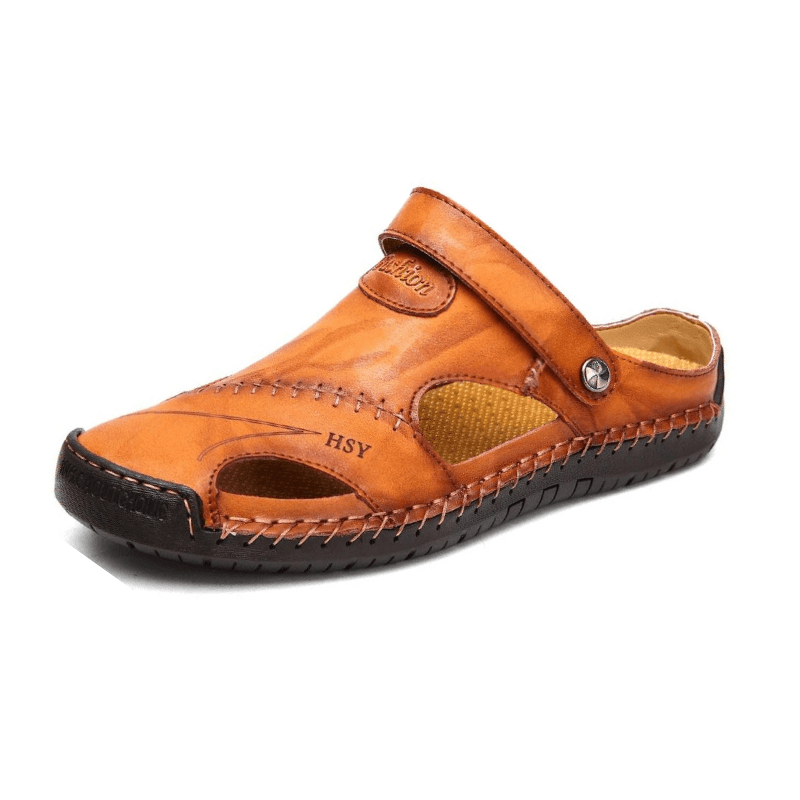 Sandália Masculina De Couro Confortável Marrom Escuro / 37 291