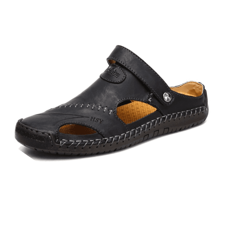 Sandália Masculina De Couro Confortável Preto / 37 291