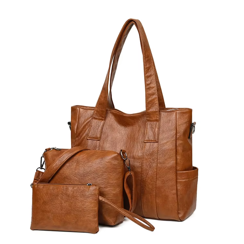 Kit Bolsa Feminina de Couro Legítimo Marrom Multitare