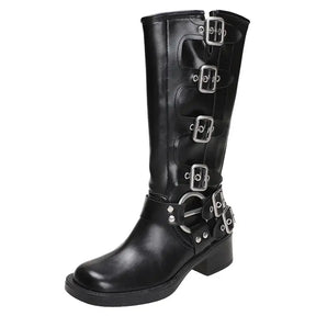 Bota Biker Feminina De Couro Com Fivelas