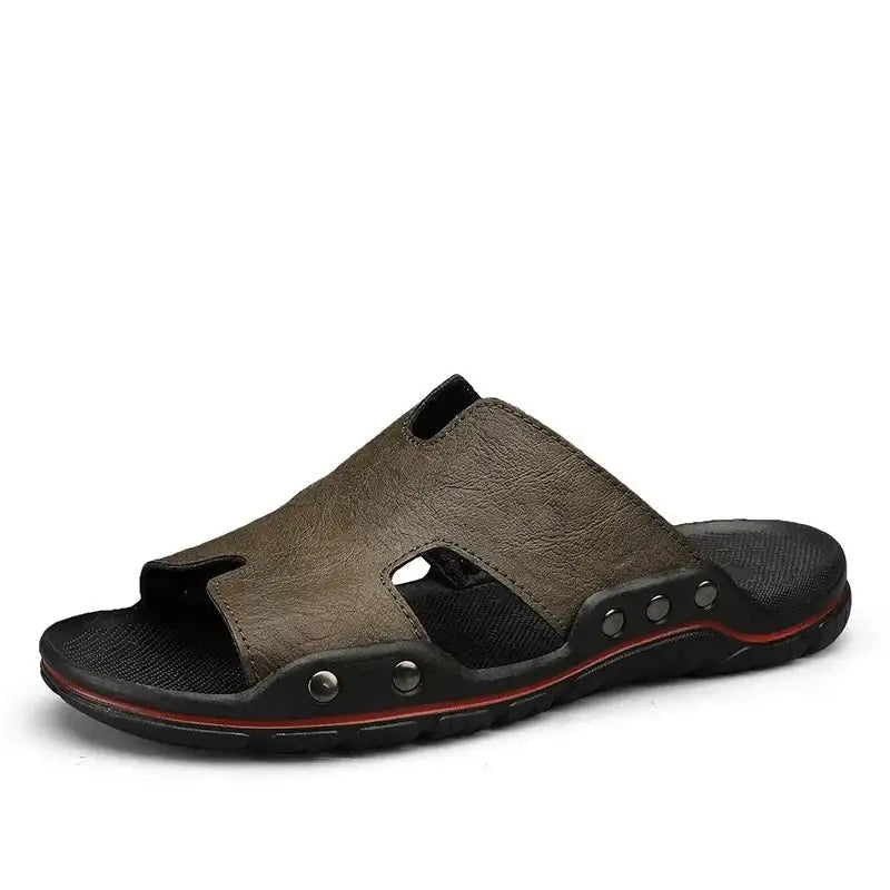 Chinelo Masculino De Couro Estiloso Marrom / 37